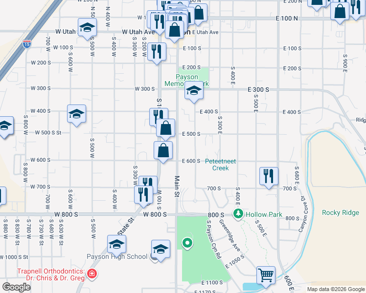 map of restaurants, bars, coffee shops, grocery stores, and more near 509 South Main Street in Payson