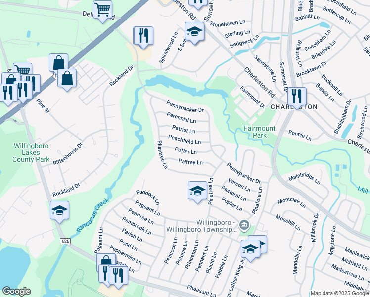map of restaurants, bars, coffee shops, grocery stores, and more near 29 Potter Lane in Willingboro