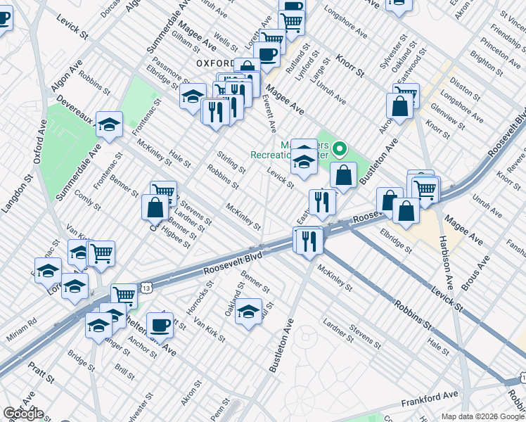 map of restaurants, bars, coffee shops, grocery stores, and more near 1545 Robbins Street in Philadelphia