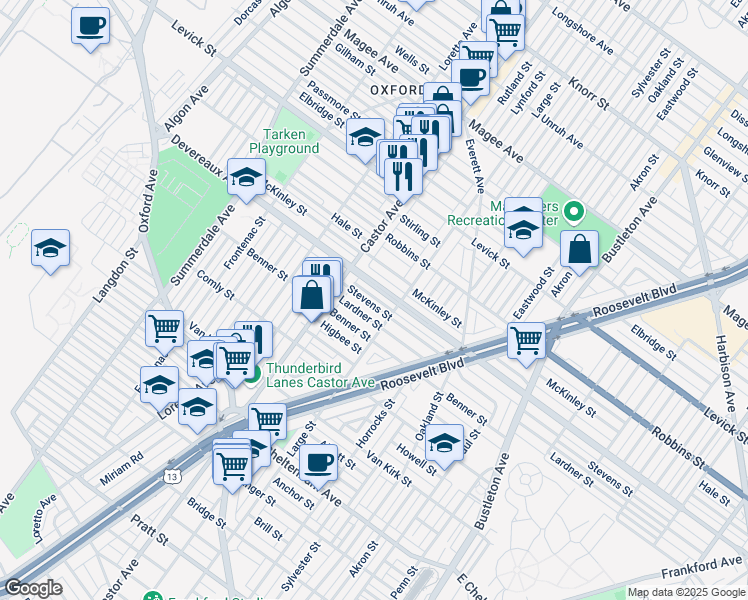 map of restaurants, bars, coffee shops, grocery stores, and more near 1414 Devereaux Avenue in Philadelphia