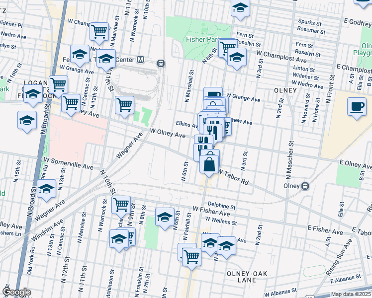 map of restaurants, bars, coffee shops, grocery stores, and more near 618 West Olney Avenue in Philadelphia