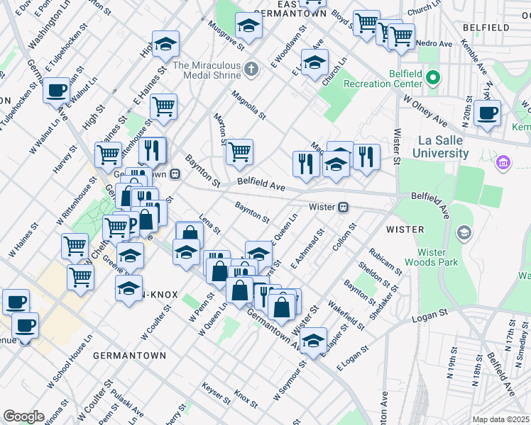map of restaurants, bars, coffee shops, grocery stores, and more near 5309 Baynton Street in Philadelphia