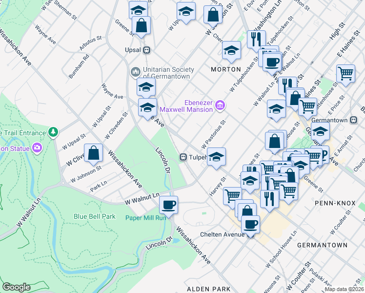 map of restaurants, bars, coffee shops, grocery stores, and more near 6222 Wayne Avenue in Philadelphia