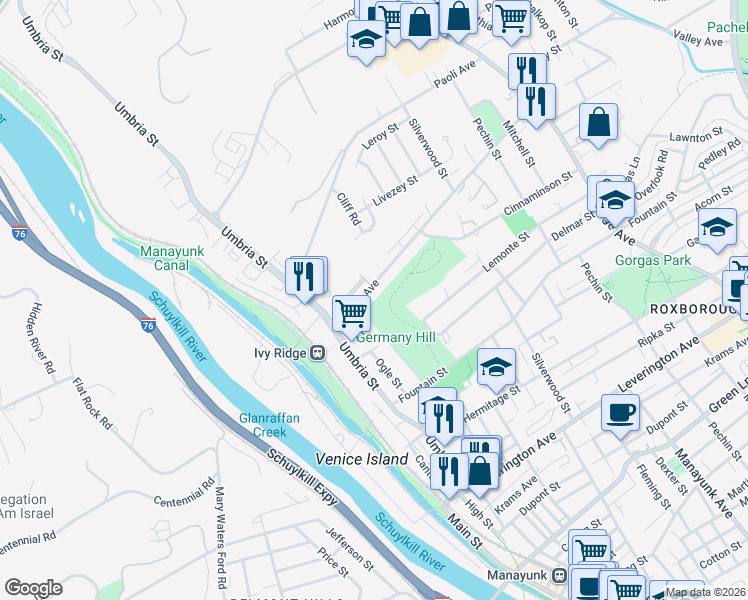 map of restaurants, bars, coffee shops, grocery stores, and more near 205 Parker Avenue in Philadelphia