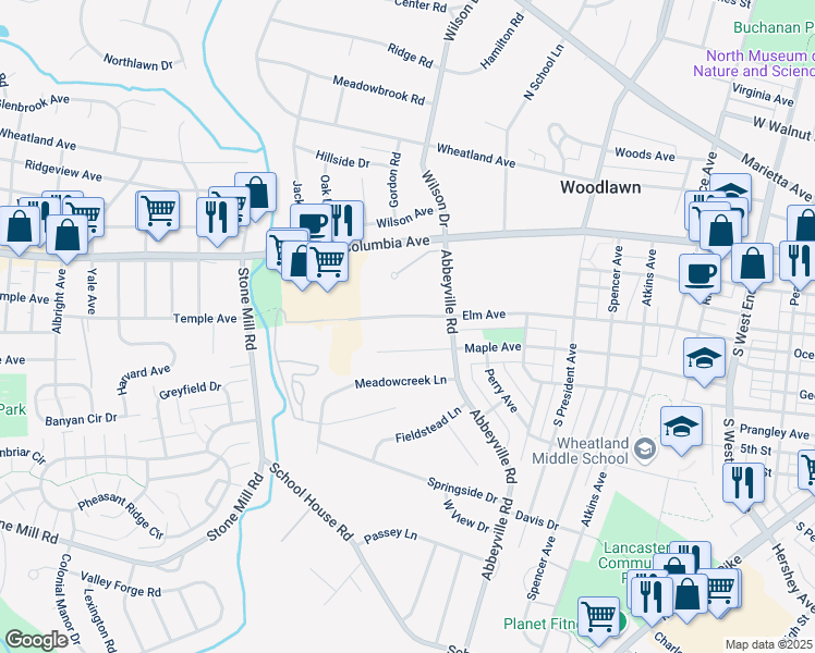 map of restaurants, bars, coffee shops, grocery stores, and more near 1351 Elm Avenue in Lancaster