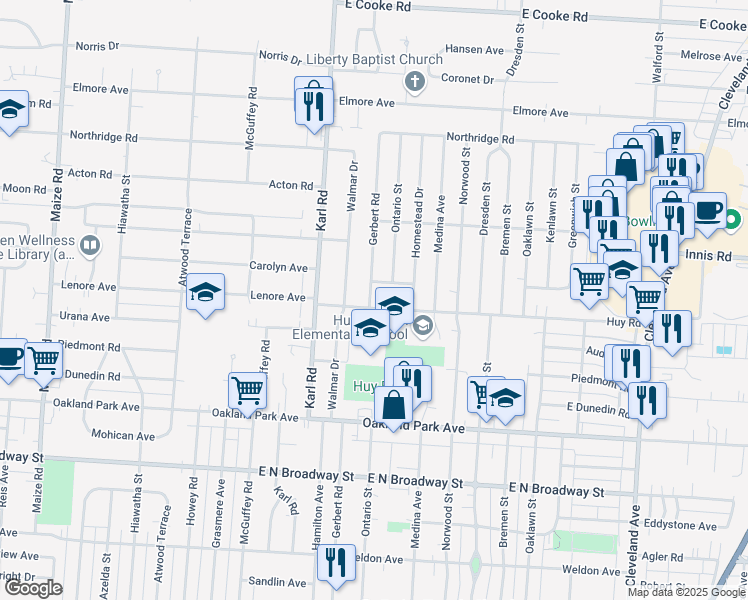 map of restaurants, bars, coffee shops, grocery stores, and more near 3421 Gerbert Road in Columbus