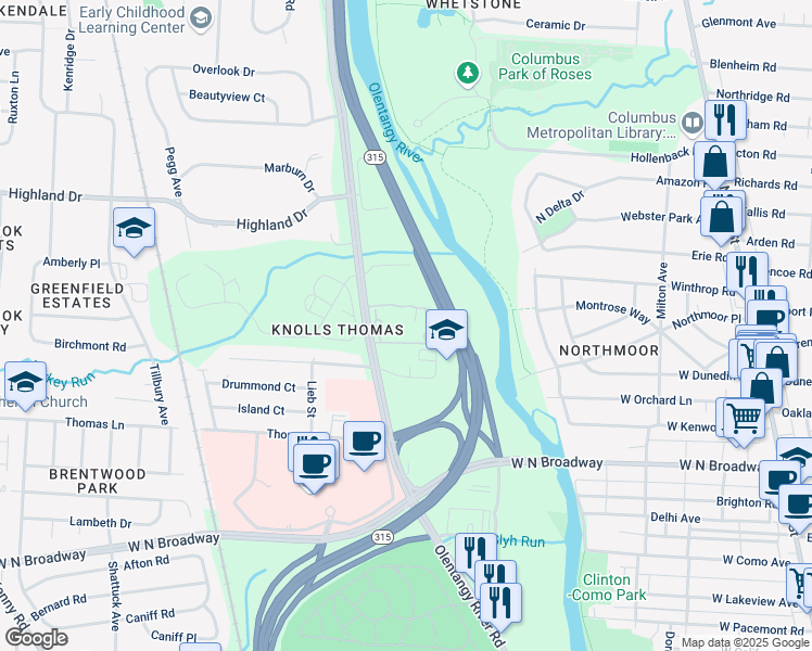 map of restaurants, bars, coffee shops, grocery stores, and more near 3830 Olentangy River Road in Columbus