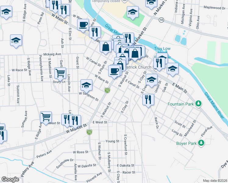 map of restaurants, bars, coffee shops, grocery stores, and more near 305 South Market Street in Troy