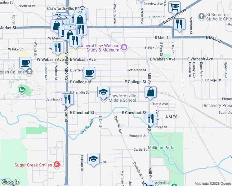 map of restaurants, bars, coffee shops, grocery stores, and more near 506 Wallace Avenue in Crawfordsville
