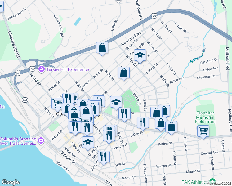 map of restaurants, bars, coffee shops, grocery stores, and more near 29 North 7th Street in Columbia