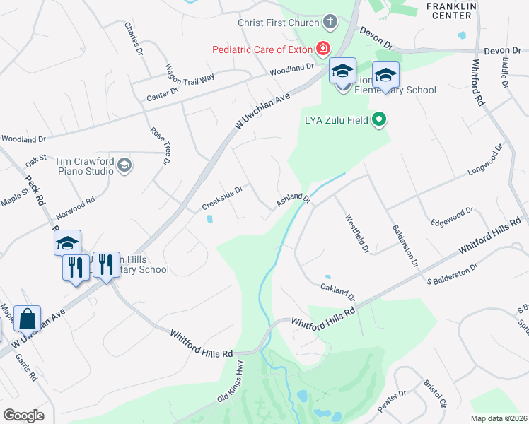 map of restaurants, bars, coffee shops, grocery stores, and more near 18 Pinewood Drive in Downingtown