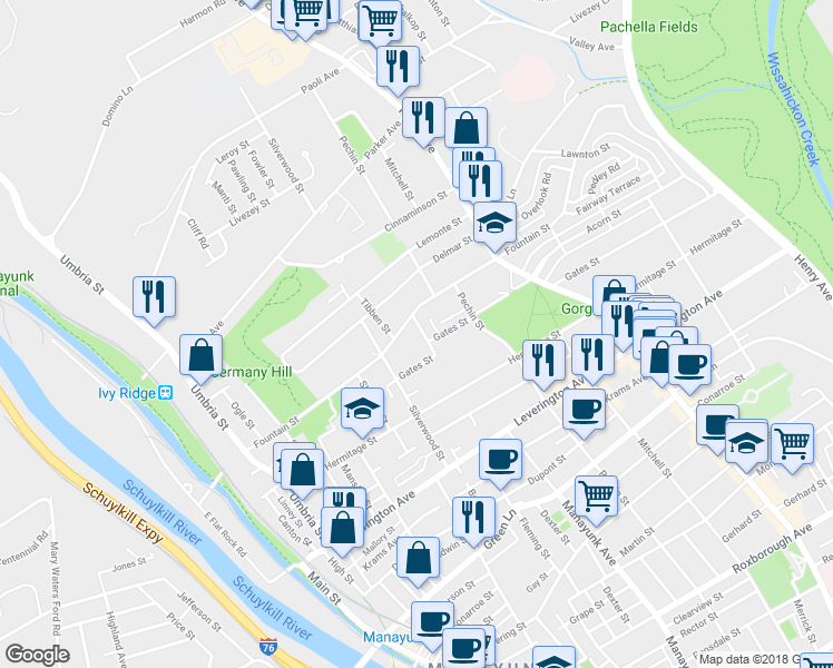 map of restaurants, bars, coffee shops, grocery stores, and more near 4772 Manayunk Avenue in Philadelphia