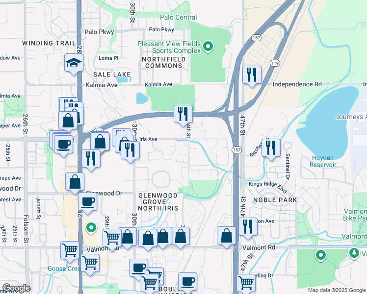 map of restaurants, bars, coffee shops, grocery stores, and more near 3375 34th Street in Boulder