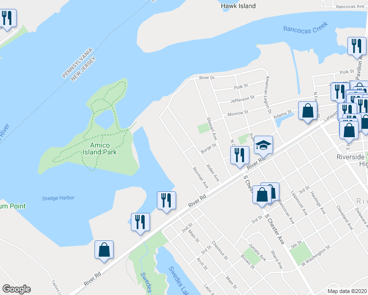 map of restaurants, bars, coffee shops, grocery stores, and more near 42 Norman Avenue in Riverside