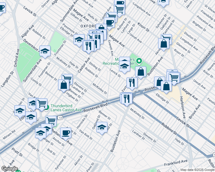 map of restaurants, bars, coffee shops, grocery stores, and more near 1545 Robbins Street in Philadelphia