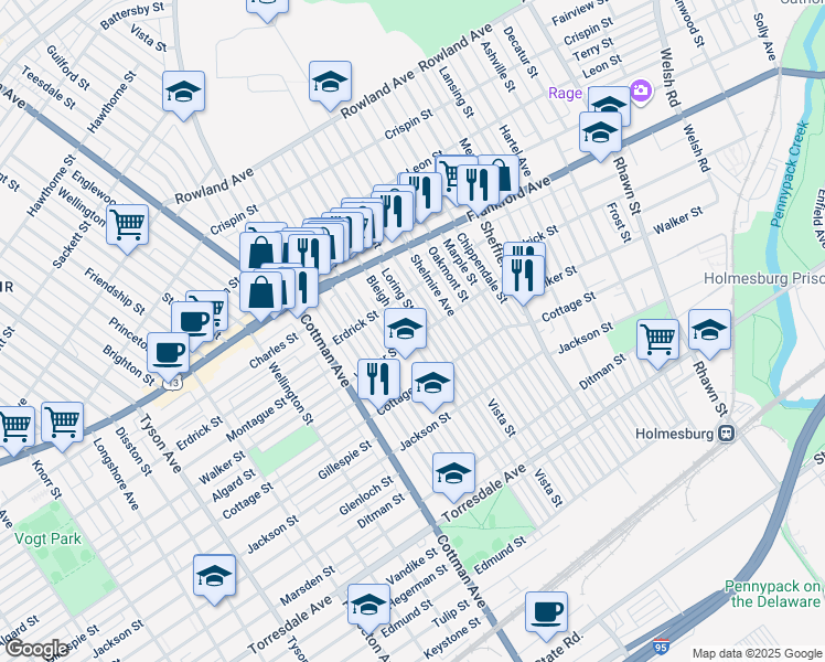 map of restaurants, bars, coffee shops, grocery stores, and more near 4233 Loring Street in Philadelphia