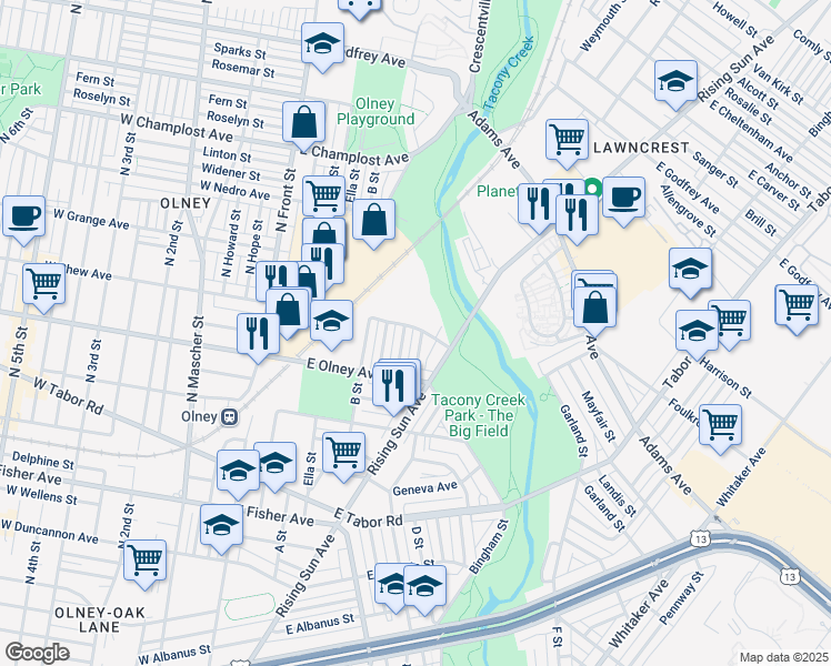map of restaurants, bars, coffee shops, grocery stores, and more near 5648 Arbor Street in Philadelphia