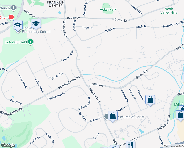 map of restaurants, bars, coffee shops, grocery stores, and more near 326 Long Ridge Lane in Exton