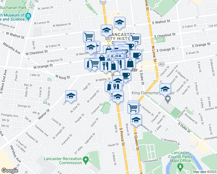 map of restaurants, bars, coffee shops, grocery stores, and more near 204 West Vine Street in Lancaster