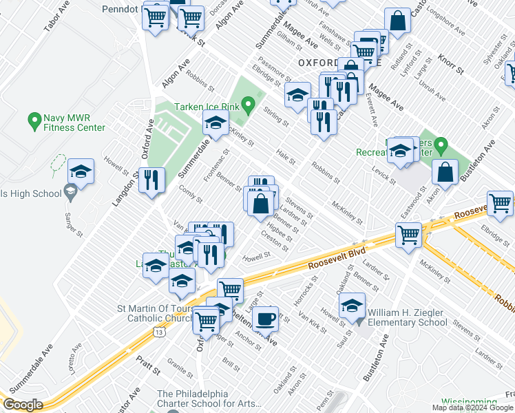 map of restaurants, bars, coffee shops, grocery stores, and more near 6061 Alma Street in Philadelphia