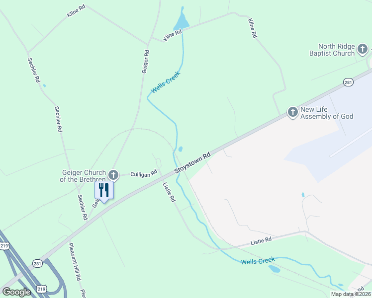 map of restaurants, bars, coffee shops, grocery stores, and more near 1349 Stoystown Road in Friedens