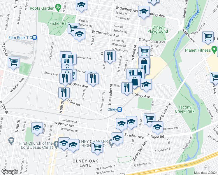 map of restaurants, bars, coffee shops, grocery stores, and more near 5608 North Mascher Street in Philadelphia