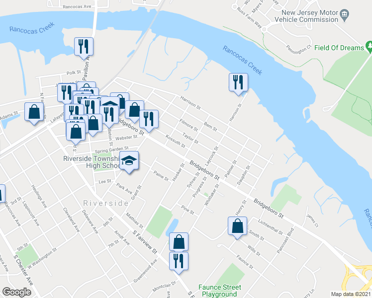 map of restaurants, bars, coffee shops, grocery stores, and more near 11 Burke Street in Riverside