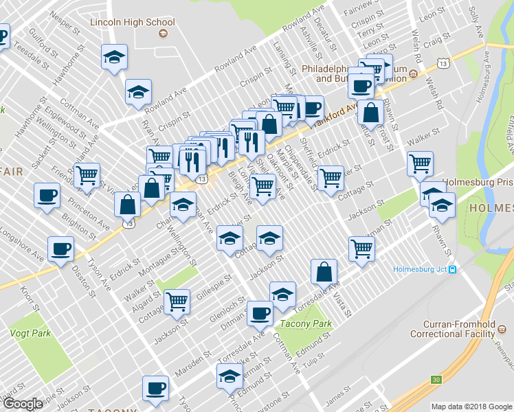 map of restaurants, bars, coffee shops, grocery stores, and more near 4243 Bleigh Avenue in Philadelphia
