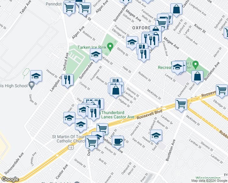 map of restaurants, bars, coffee shops, grocery stores, and more near 6061 Alma Street in Philadelphia