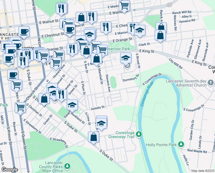 map of restaurants, bars, coffee shops, grocery stores, and more near 226 Stevens Avenue in Lancaster