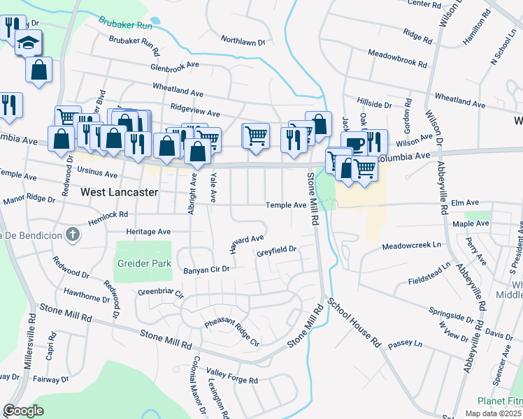 map of restaurants, bars, coffee shops, grocery stores, and more near 1626 Temple Avenue in Lancaster