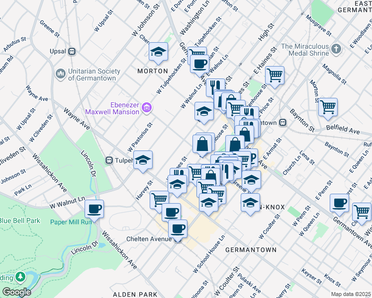 map of restaurants, bars, coffee shops, grocery stores, and more near 5922 Greene Street in Philadelphia
