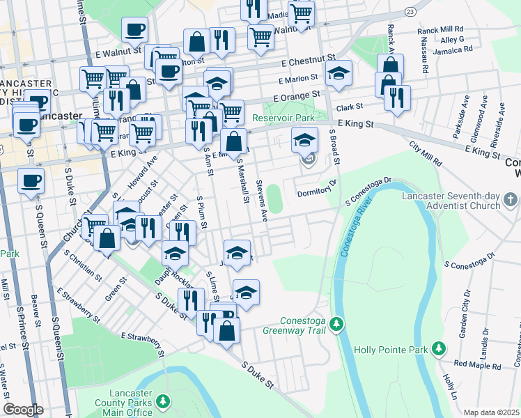 map of restaurants, bars, coffee shops, grocery stores, and more near 226 Stevens Avenue in Lancaster
