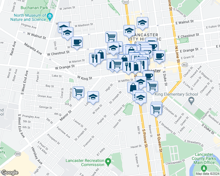 map of restaurants, bars, coffee shops, grocery stores, and more near 418 High Street in Lancaster