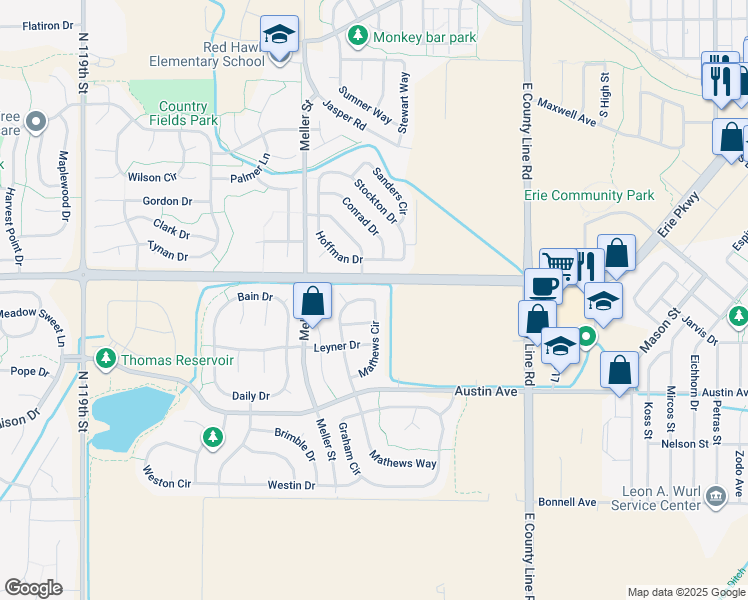 map of restaurants, bars, coffee shops, grocery stores, and more near 644 Mathews Cir in Erie