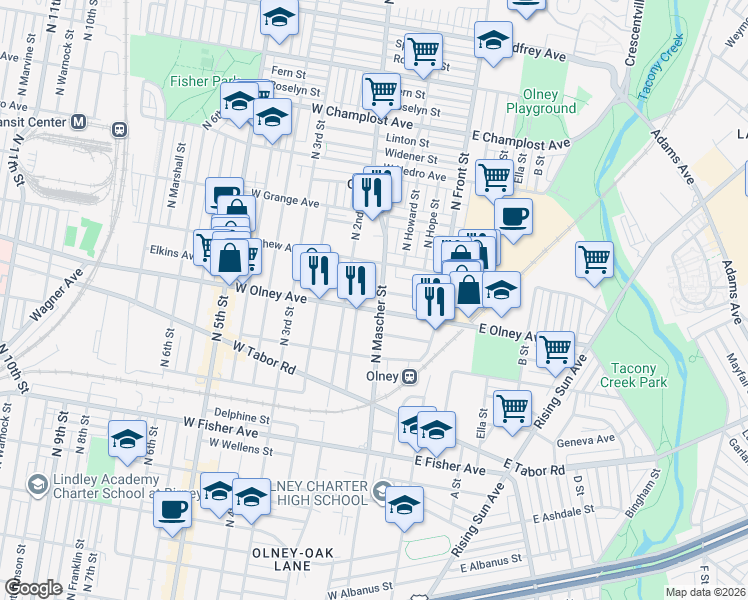 map of restaurants, bars, coffee shops, grocery stores, and more near 5621 North Palethorp Street in Philadelphia