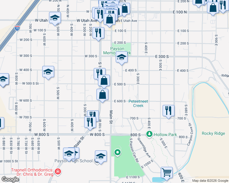 map of restaurants, bars, coffee shops, grocery stores, and more near 509 South Main Street in Payson