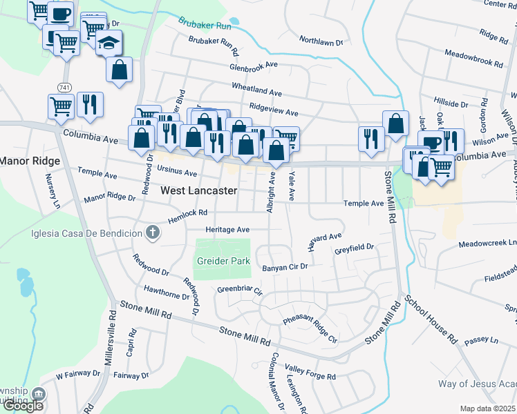 map of restaurants, bars, coffee shops, grocery stores, and more near 1737 Hemlock Road in Lancaster