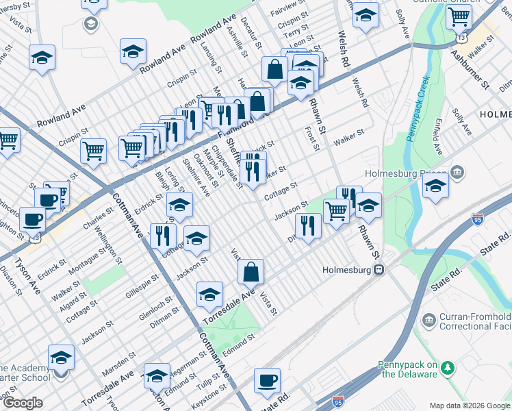 map of restaurants, bars, coffee shops, grocery stores, and more near 4317 Sheffield Avenue in Philadelphia