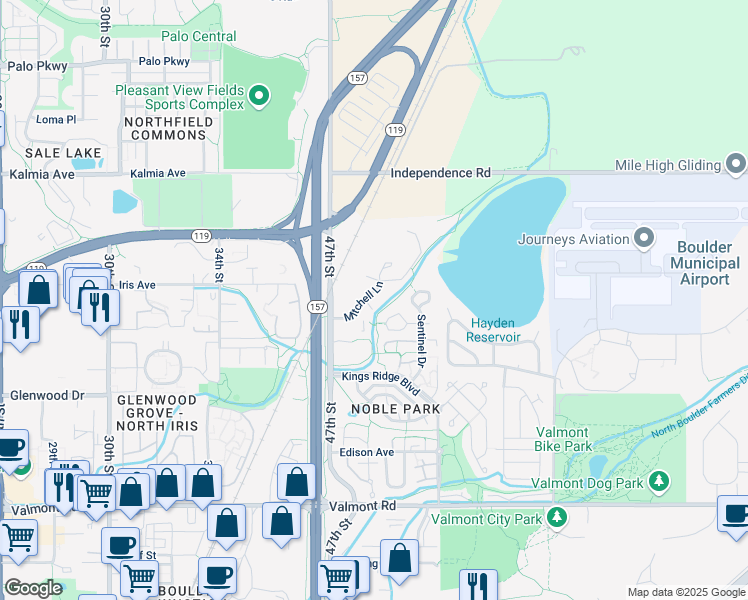 map of restaurants, bars, coffee shops, grocery stores, and more near 3375 Mitchell Lane in Boulder