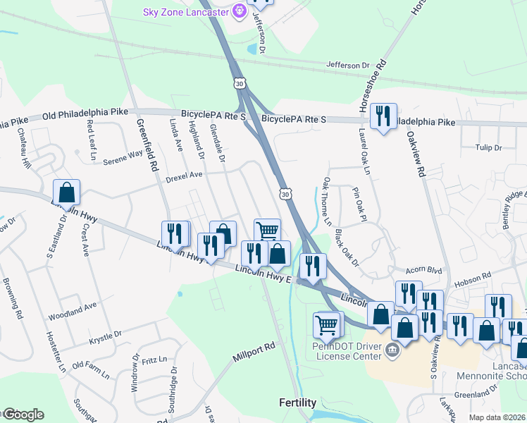 map of restaurants, bars, coffee shops, grocery stores, and more near 1998 Drexel Avenue in Lancaster