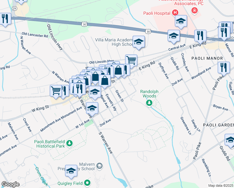 map of restaurants, bars, coffee shops, grocery stores, and more near 111 Church Street in Malvern