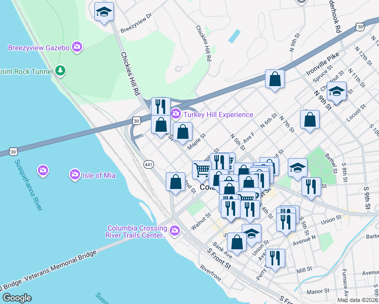 map of restaurants, bars, coffee shops, grocery stores, and more near 346 Maple Street in Columbia