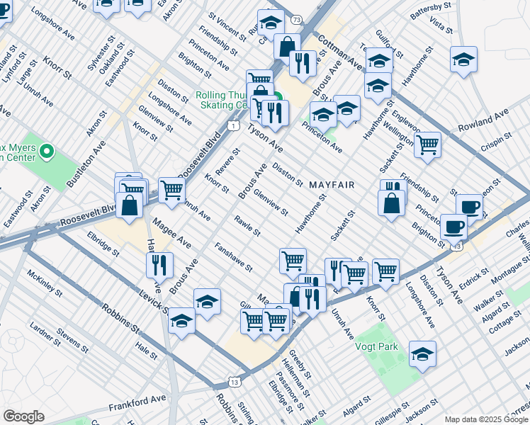 map of restaurants, bars, coffee shops, grocery stores, and more near 2947 Knorr Street in Philadelphia