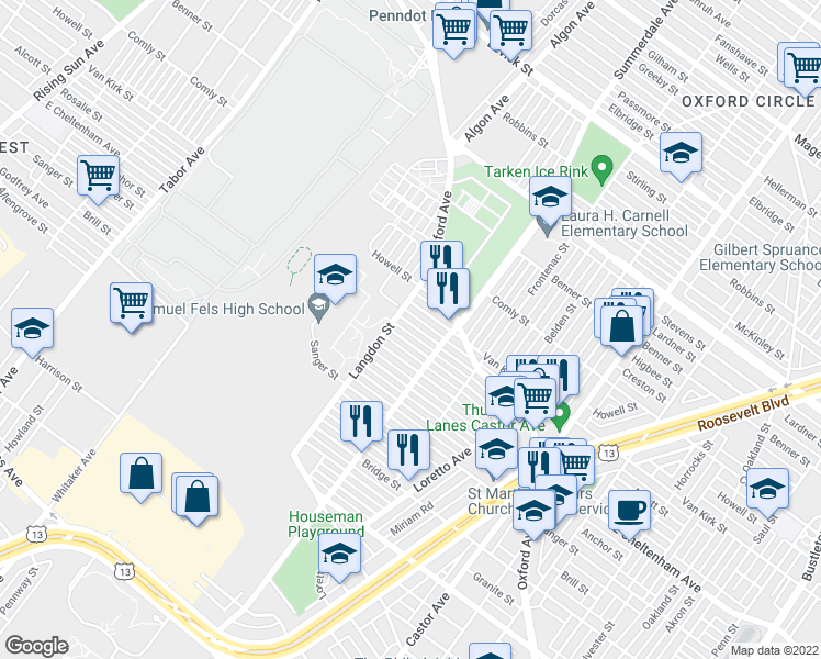 map of restaurants, bars, coffee shops, grocery stores, and more near 1056 Alcott Street in Philadelphia