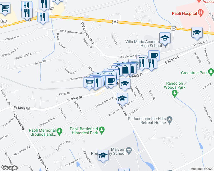 map of restaurants, bars, coffee shops, grocery stores, and more near 7 West King Street in Malvern