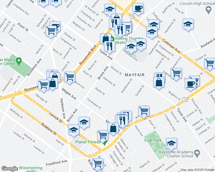 map of restaurants, bars, coffee shops, grocery stores, and more near 2947 Knorr Street in Philadelphia