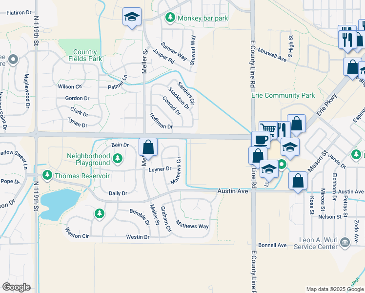 map of restaurants, bars, coffee shops, grocery stores, and more near 640 Mathews Circle in Erie