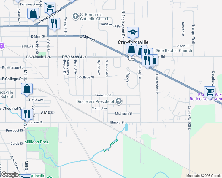 map of restaurants, bars, coffee shops, grocery stores, and more near 1810 Kraig Drive in Crawfordsville