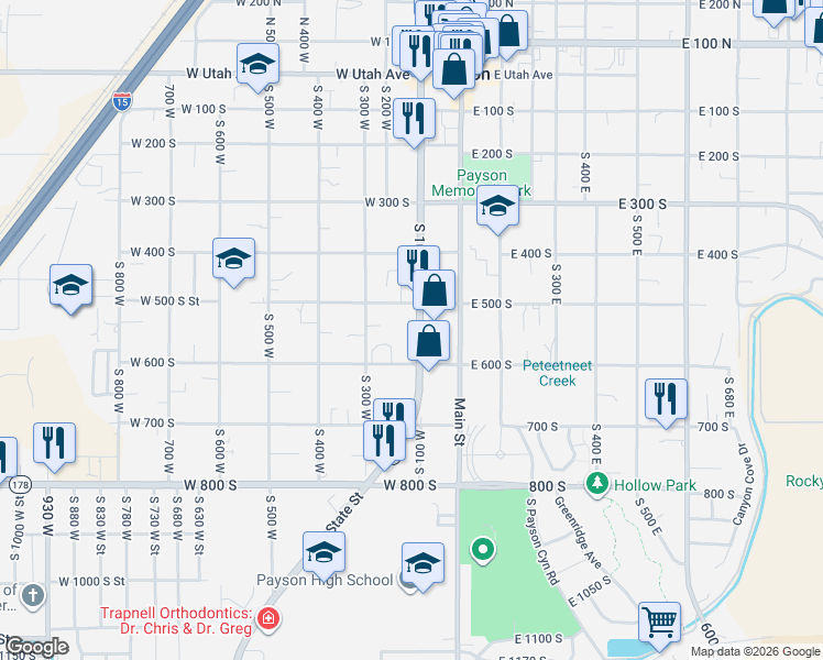 map of restaurants, bars, coffee shops, grocery stores, and more near 77 West 500 South in Payson